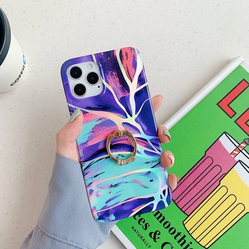2021 Laser Marble Pattern Ring Holder Protective Cover For iPhone 13 Pro Max 12 Mini 11 XS XR 7 8 Plus SE 2020
