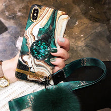 Load image into Gallery viewer, Luxury Marble Pattern Popsockets iPhone Case With Fur Ball And Lanyard - VooChoice
