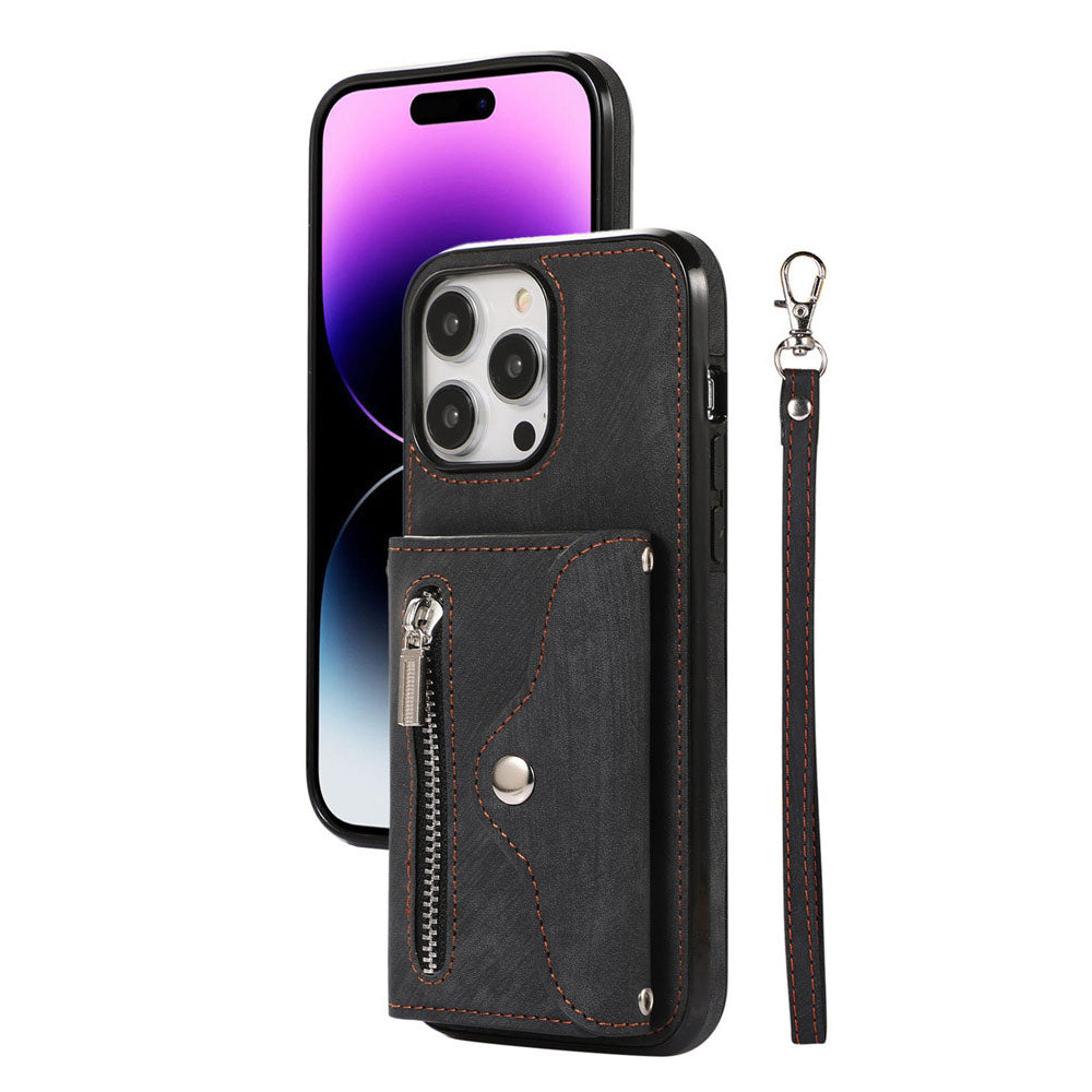 Luxurious Leather Card Holder Anti-fall Protective iPhone Case With Wrist Strap