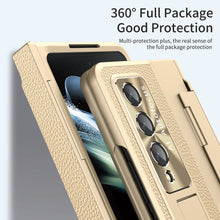 Load image into Gallery viewer, Hinge Folding Leather Magnetic Bracket Shell Electroplated Case For Samsung Galaxy Z Fold3 Fold4 5G With S Pen Slot &amp; Stylus
