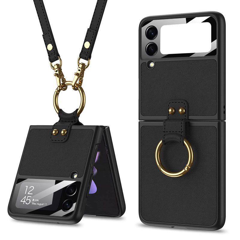 Original Leather Back Screen Tempered Glass Hard Frame Cover With Finger-Ring And Lanyard For Samsung Z Flip 3 5G