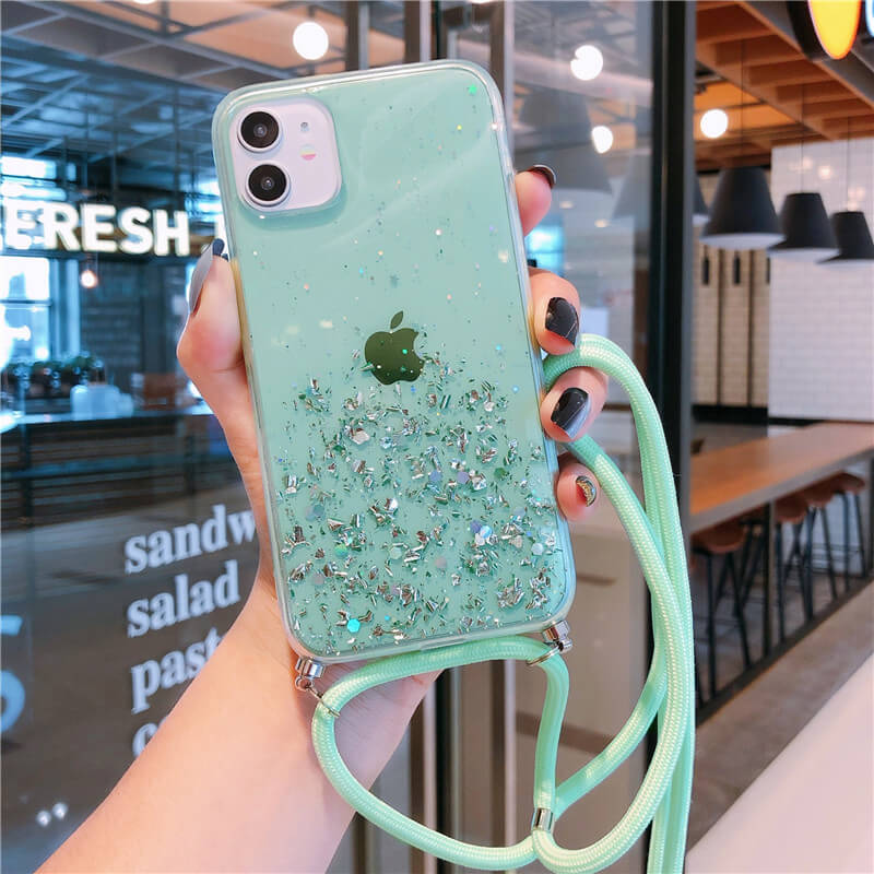 2021 Bling Glitter Stars Sequins Cord Chain Necklace Lanyard Phone Case For iPhone 11 Pro XS Max XR X 6S 7 8 plus