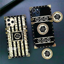 Load image into Gallery viewer, 2021 Luxury Brand Black Rose Flower Stripe Glitter Gold Square Case For iPhone
