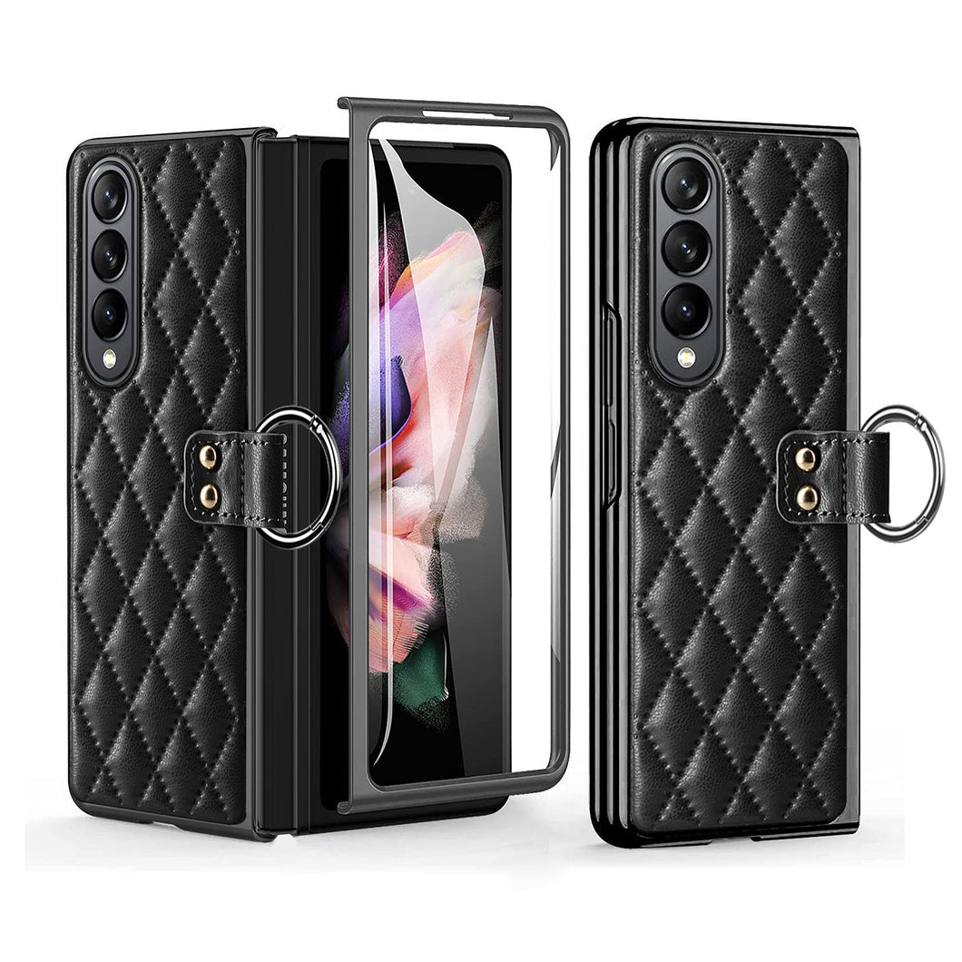 Luxurious Leather Ring Holder Protective Phone Case With Front Protection Film For Samsung Galaxy Z Fold5 Fold4 Fold3