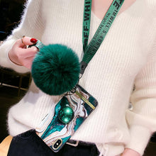 Load image into Gallery viewer, Luxury Marble Pattern Popsockets iPhone Case With Fur Ball And Lanyard - VooChoice
