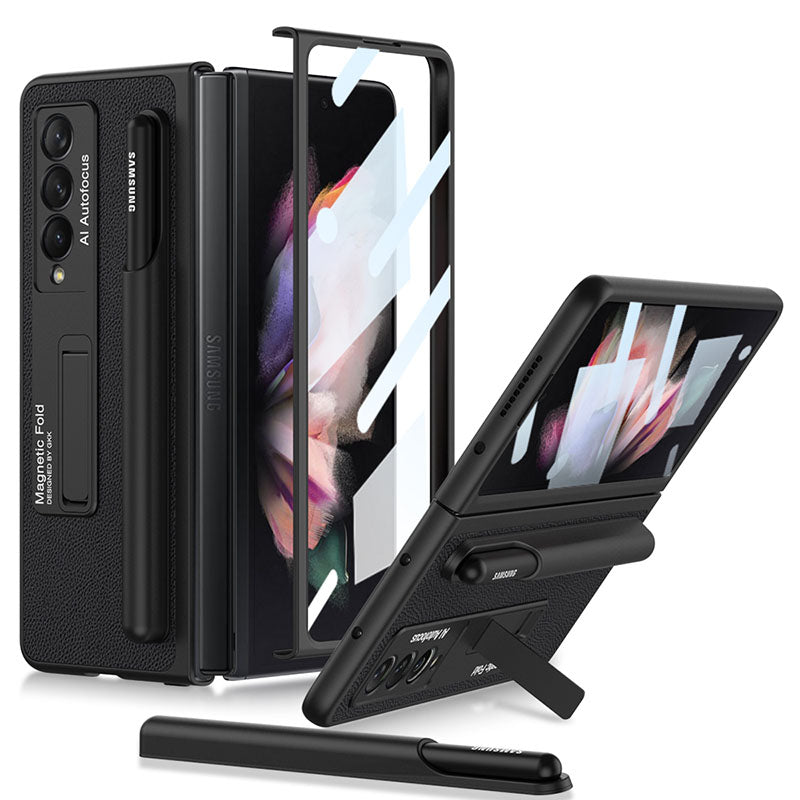 Magnetic Stand Pen Slot Leather Protective Cover With Back Screen Glass Protector For Samsung Galaxy Z Fold 3 5G