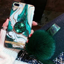 Load image into Gallery viewer, Luxury Marble Pattern Popsockets iPhone Case With Fur Ball And Lanyard - VooChoice
