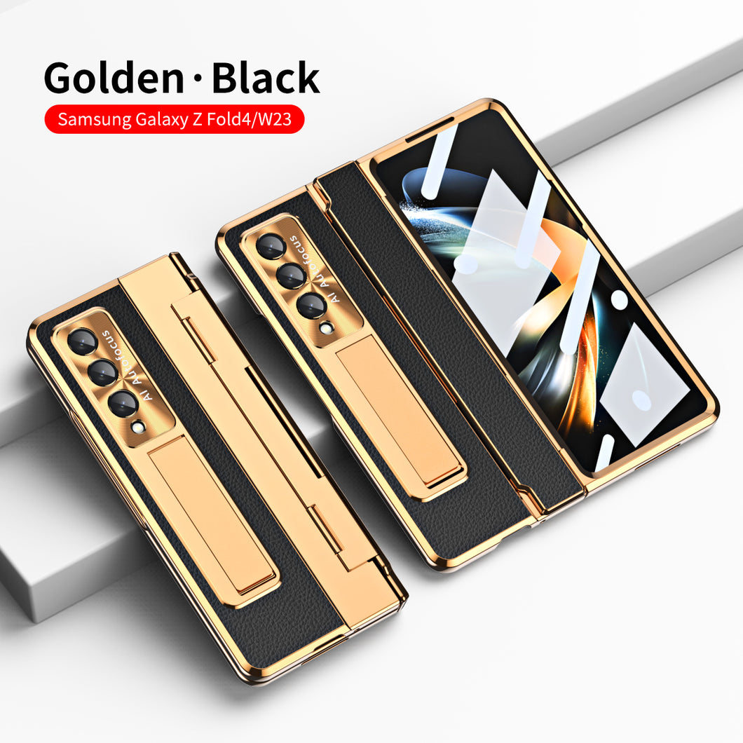 Hinge Folding Leather Magnetic Bracket Shell Electroplated Case For Samsung Galaxy Z Fold4 Fold3 5G Support Wireless Charging