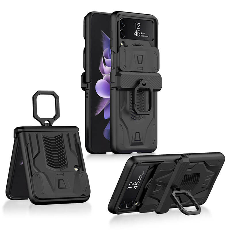 Magnetic Armor Ring Holder Case For Samsung Galaxy Z Flip 3 5G With Lens Protection Cap