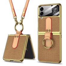 Load image into Gallery viewer, Luxury Leather Back Screen Tempered Glass Hard Frame Cover For Samsung Z Flip4 Flip3 5G With Lanyard

