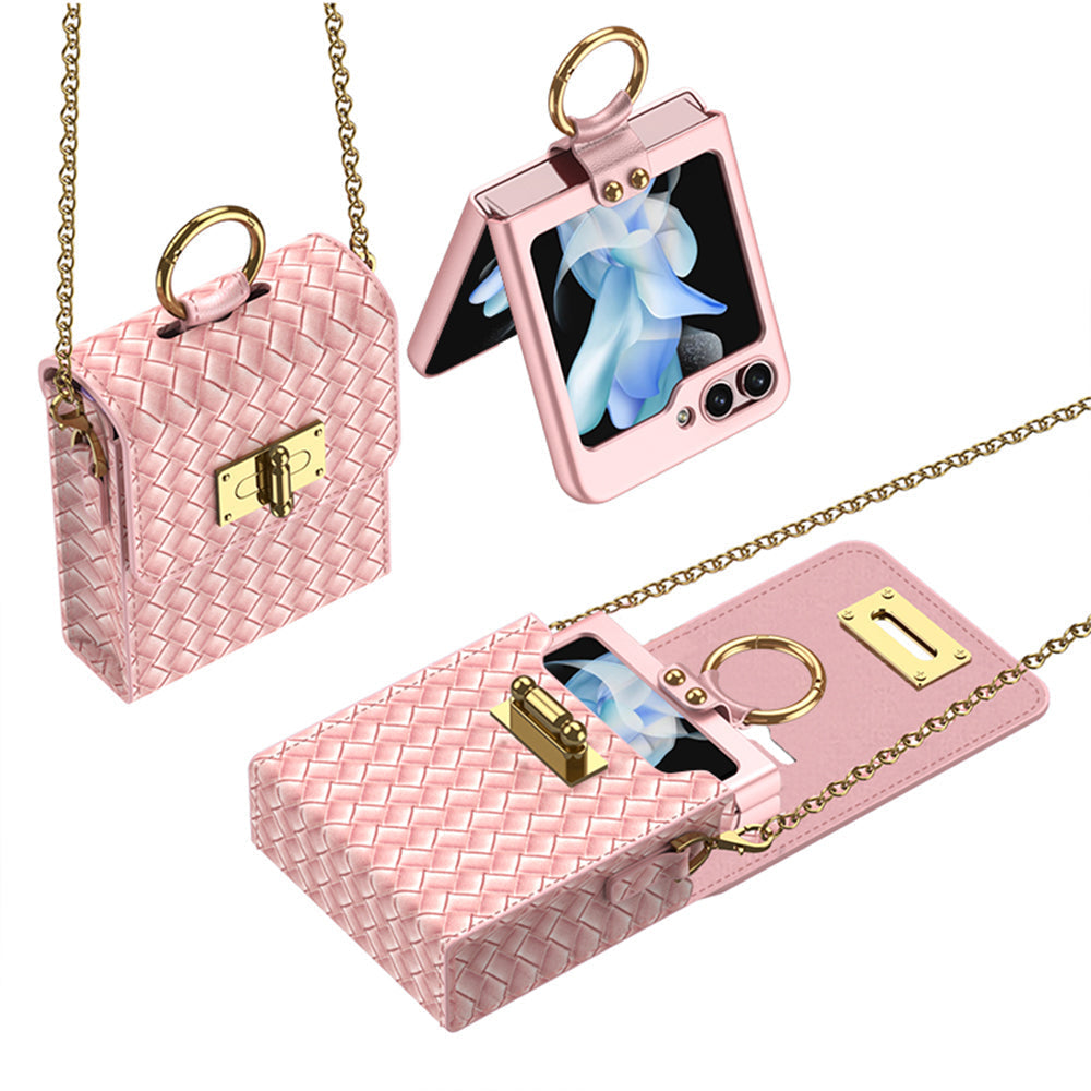 Luxury Leather Mini Phone Bag with Gold Chain For Samsung Galaxy Z Flip5 Flip4 Flip3 - mycasety2023 Mycasety