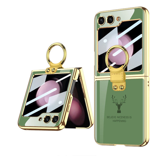Electroplating Deer Pattern Ring Holder Drop-proof Phone Case With Back Screen Protector For Samsung Galaxy Z Flip5 - mycasety2023 Mycasety