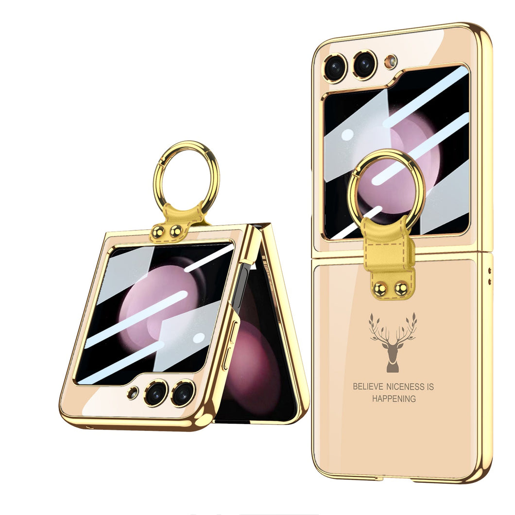 Electroplating Deer Pattern Ring Holder Drop-proof Phone Case With Back Screen Protector For Samsung Galaxy Z Flip5 - mycasety2023 Mycasety