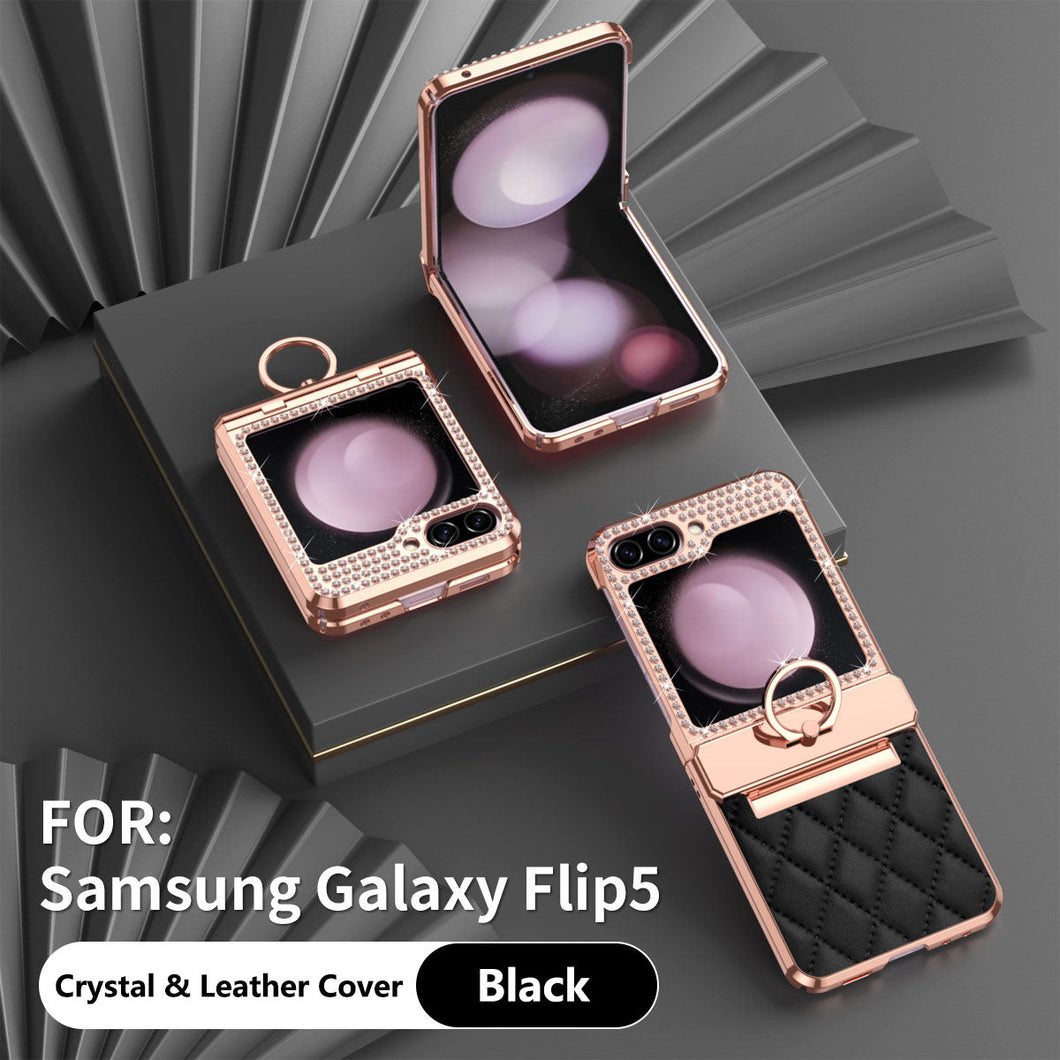 Lyxury Crystal Leather Ring Holder Protective Phone Case For Samsung Galaxy Z Flip 5/4/3 - mycasety2023 Mycasety