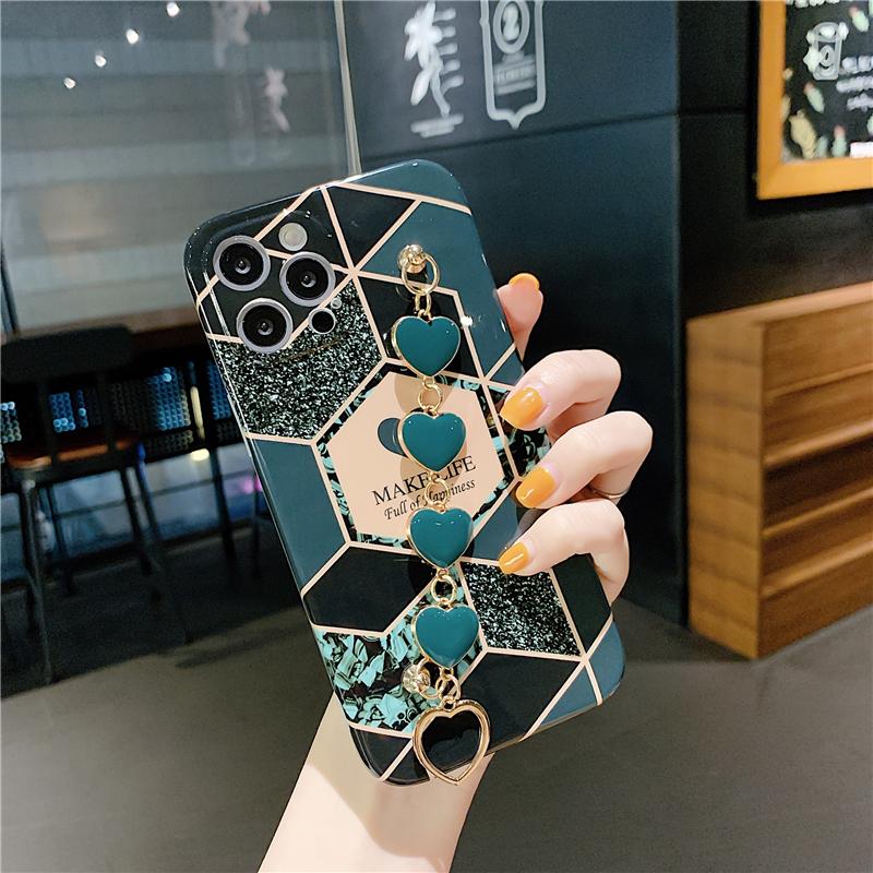 Love Heart Geometric Marble Phone Case with Bracelet For iPhone 11 12 Pro X XR XS Max 7 8 Plus SE 2020 - VooChoice