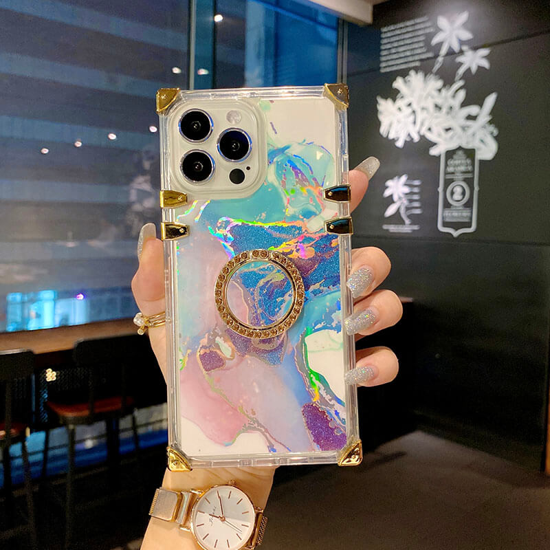 2021 Luxury Clear Laser Marble Pattern Ring Holder Protective Case For iPhone