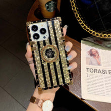Load image into Gallery viewer, 2021 Luxury Brand Black Rose Flower Stripe Glitter Gold Square Case For iPhone &amp; Samsung With Ring and Wristband
