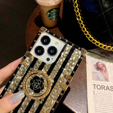 Load image into Gallery viewer, 2021 Luxury Brand Black Rose Flower Stripe Glitter Gold Square Case For iPhone &amp; Samsung With Ring and Wristband

