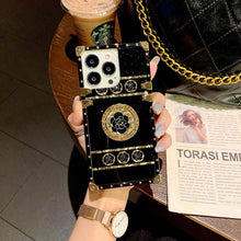 Load image into Gallery viewer, 2021 Luxury Brand Black Rose Flower Stripe Glitter Gold Square Case For iPhone &amp; Samsung With Ring and Wristband
