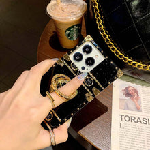 Load image into Gallery viewer, 2021 Luxury Brand Black Rose Flower Stripe Glitter Gold Square Case For iPhone &amp; Samsung With Ring and Wristband
