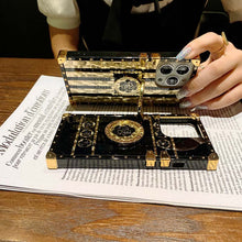 Load image into Gallery viewer, 2021 Luxury Brand Black Rose Flower Stripe Glitter Gold Square Case For iPhone &amp; Samsung With Ring and Wristband
