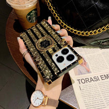 Load image into Gallery viewer, 2021 Luxury Brand Black Rose Flower Stripe Glitter Gold Square Case For iPhone &amp; Samsung With Ring and Wristband
