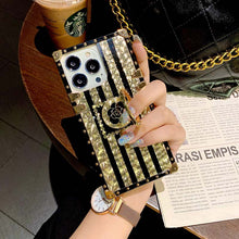 Load image into Gallery viewer, 2021 Luxury Brand Black Rose Flower Stripe Glitter Gold Square Case For iPhone &amp; Samsung With Ring and Wristband
