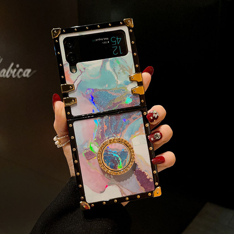 Luxury Laser Marble Pattern Ring Holder Protective Case For Samsung Galaxy Z Flip4 Flip3 5G pphonecover