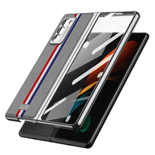 Load image into Gallery viewer, Luxury Leather Carbon Fiber Plating Case For Samsung Galaxy Z Fold3 Fold2 With Tempered Glass Screen
