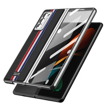 Load image into Gallery viewer, Luxury Leather Carbon Fiber Plating Case For Samsung Galaxy Z Fold3 Fold2 With Tempered Glass Screen
