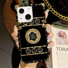 Load image into Gallery viewer, 2021 Luxury Brand Black Rose Flower Stripe Glitter Gold Square Case For iPhone &amp; Samsung With Ring and Wristband

