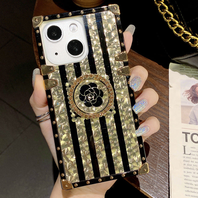 2021 Luxury Brand Black Rose Flower Stripe Glitter Gold Square Case For iPhone & Samsung With Ring and Wristband