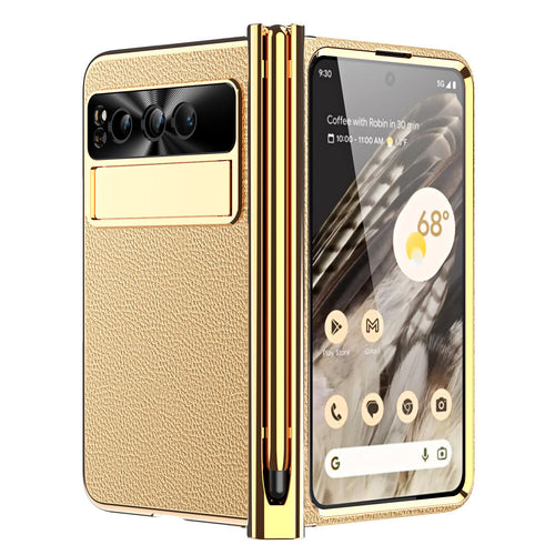 Electroplated Leather Google Pixel Fold Case with Dual Hinge Protective Screen Protector and Hidden Kickstand Pen Slot Free Stylus - mycasety2023 Mycasety