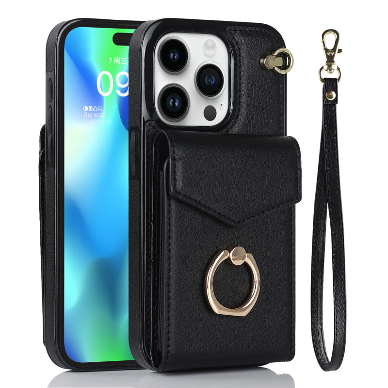 Luxurious Leather Card Holder Anti-fall Protective iPhone Case With Wrist Strap