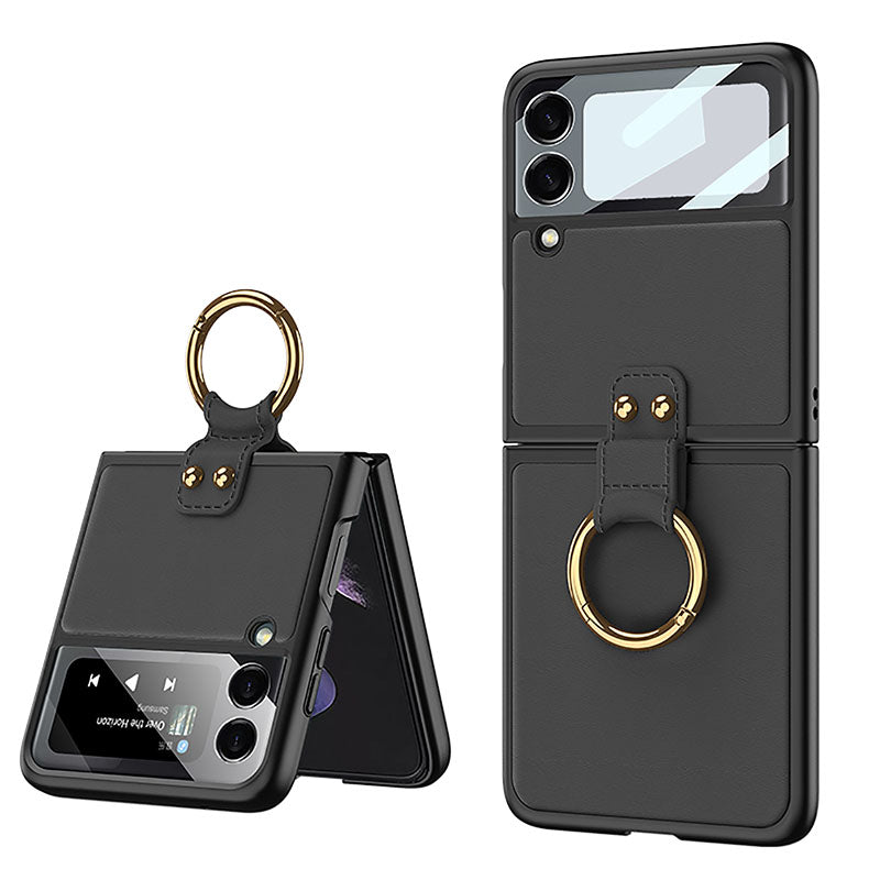 Original Leather Back Screen Tempered Glass Hard Frame Cover For Samsung Z Flip 3 5G