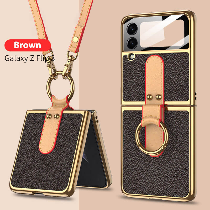 Luxury Leather Back Screen Tempered Glass Hard Frame Cover For Samsung Z Flip3 Flip4 5G With Lanyard