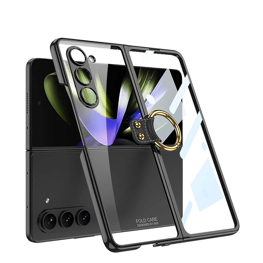Transparent Electroplating Ring Holder Protective Phone Case With Back Screen Protector For Samsung Galaxy Z Fold 5/4/3 5G - mycasety2023 mycasety2023