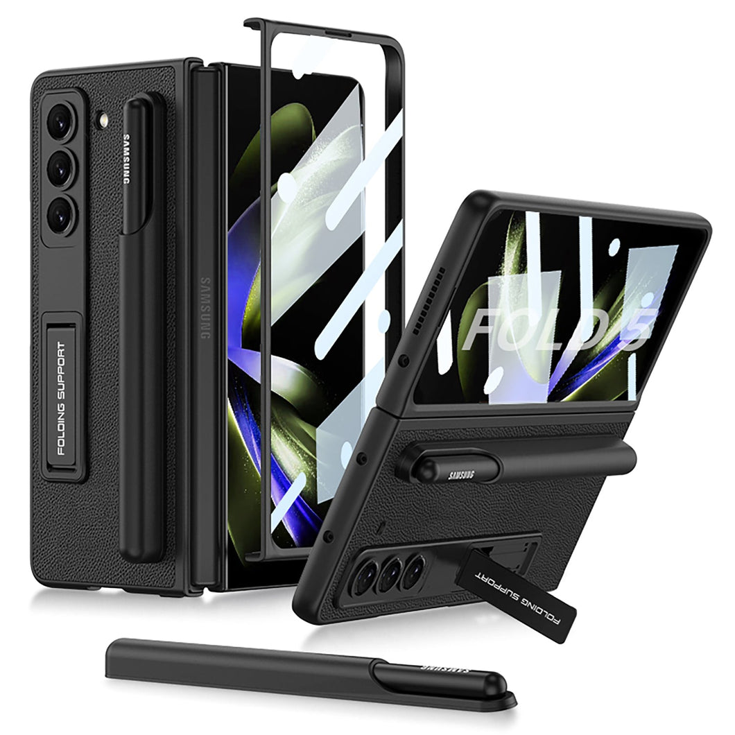 Invisible Bracket S Pen Slot Leather Protective Phone Case With Back Screen Protector For Samsung Galaxy Z Fold 5/4/3 5G - mycasety2023 Mycasety
