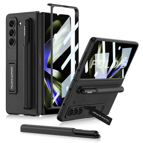 Invisible Bracket S Pen Slot Leather Protective Phone Case With Back Screen Protector For Samsung Galaxy Z Fold 5/4/3 5G - mycasety2023 Mycasety