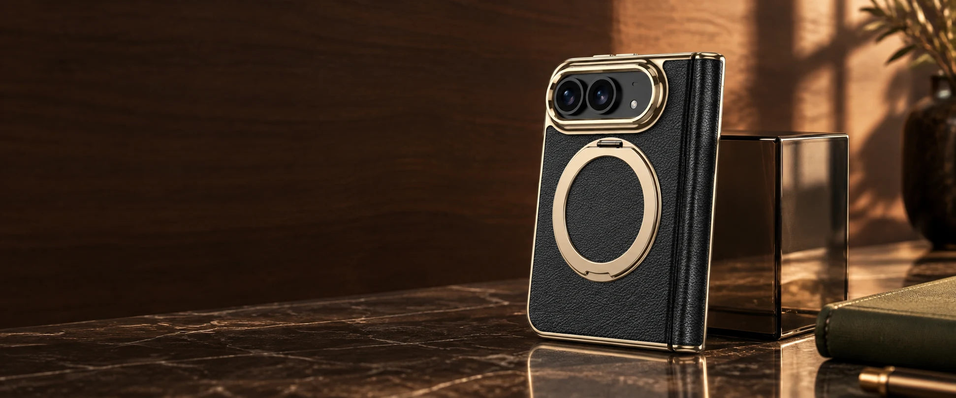Black and gold foldable case with refined everyday details