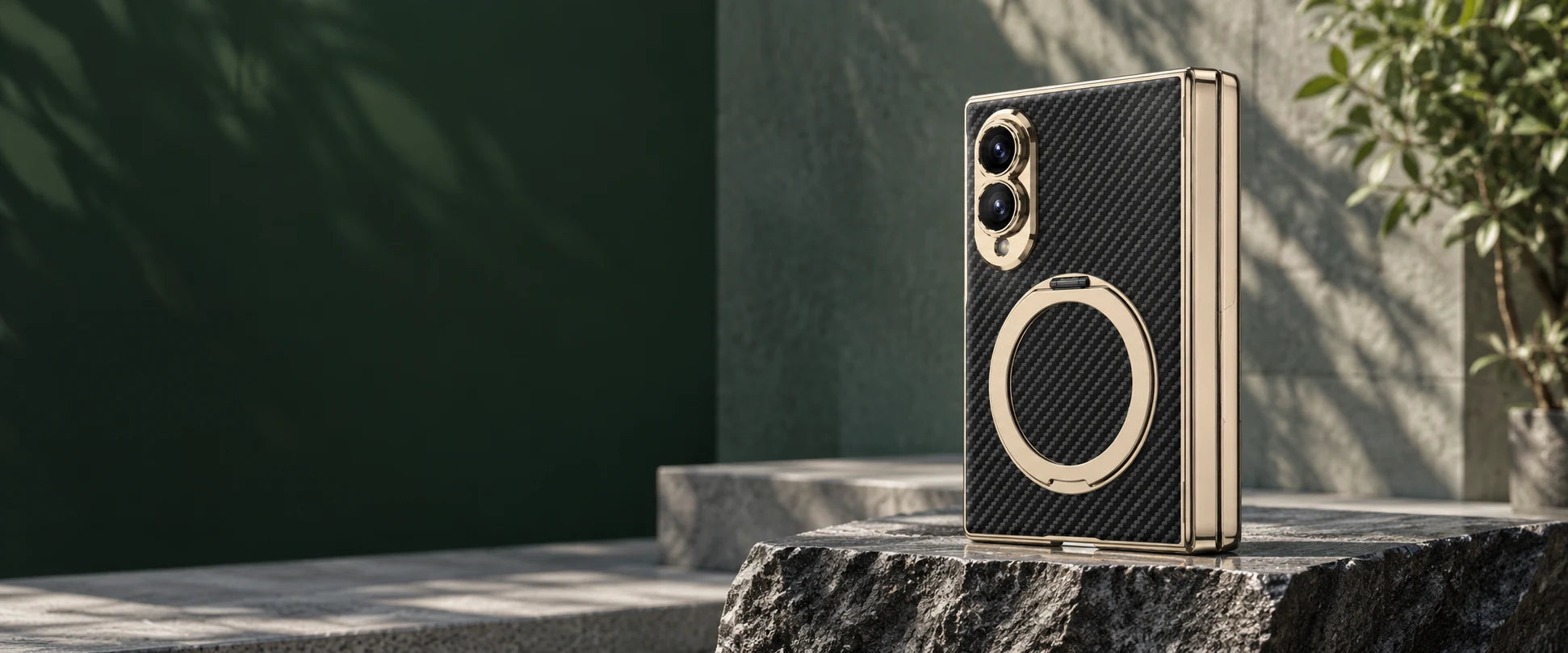 Galaxy foldable case on a stone plinth